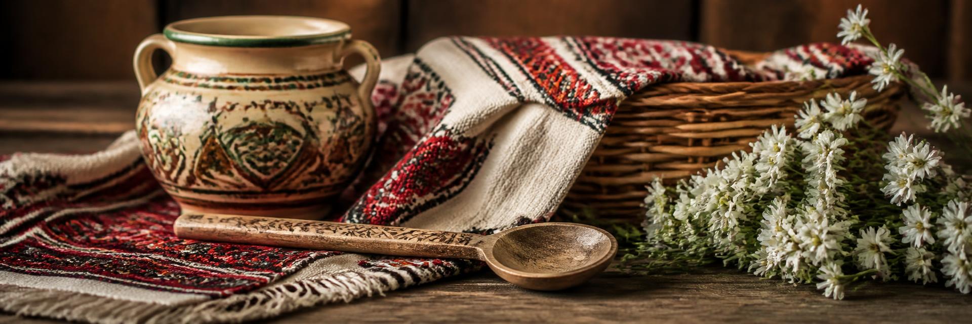 Ceramică pictată, ștergare țesute și coș de nuiele, obiecte tradiționale românești